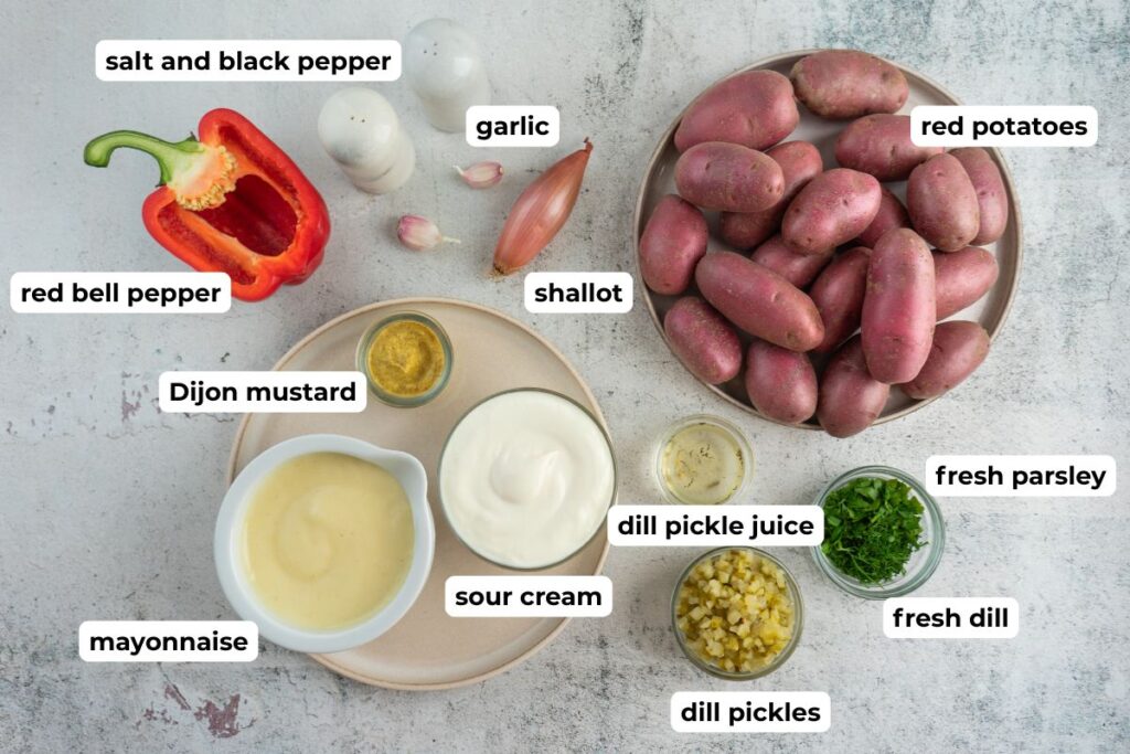 Labeled photo of ingredients for Creamy Red Potato Salad with Pickle.