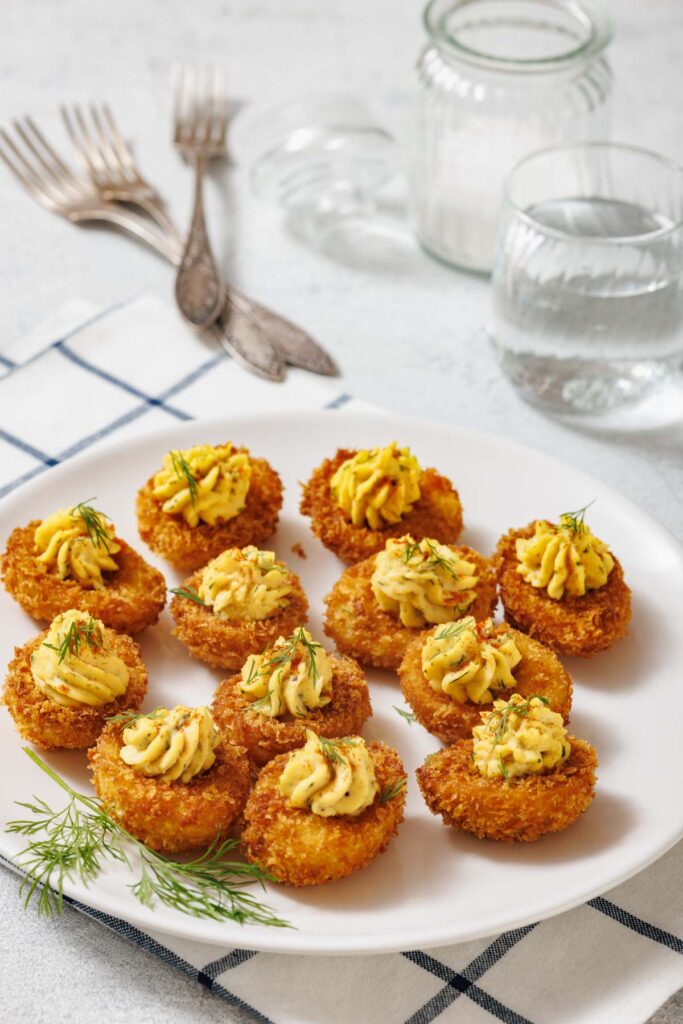 A white plate with ten fried deviled eggs, garnished with dill, is shown with forks, glasses, and a cloth in the background.