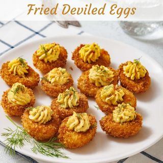 A white plate with ten fried deviled eggs, garnished with dill, is shown with forks, glasses, and a cloth in the background.