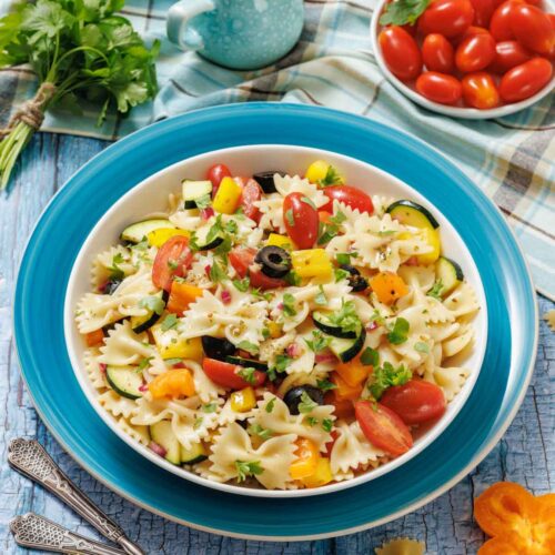 A bowl of farfalle pasta salad with cherry tomatoes, bell peppers, olives, zucchini, red onion, and parsley sits on a blue plate, with fresh vegetables and dressing nearby.