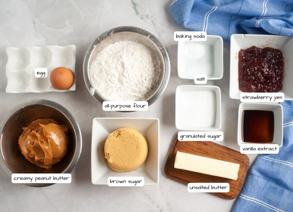 Overhead shot of labeled ingredients for peanut butter and jelly thumbprint cookies, including peanut butter, flour, baking soda, salt, sugar, brown sugar, butter, egg, vanilla extract, and strawberry jam.