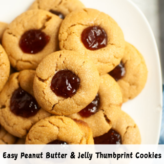A plate of peanut butter cookies with jelly centers. Text at the bottom reads: "Easy Peanut Butter & Jelly Thumbprint Cookies"