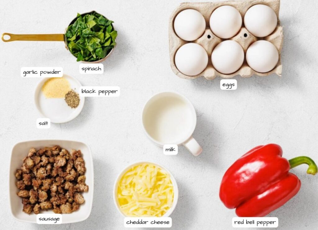Ingredients for a breakfast dish including spinach, eggs, garlic powder, black pepper, salt, milk, cooked sausage, cheddar cheese, and a red bell pepper arranged on a white surface.