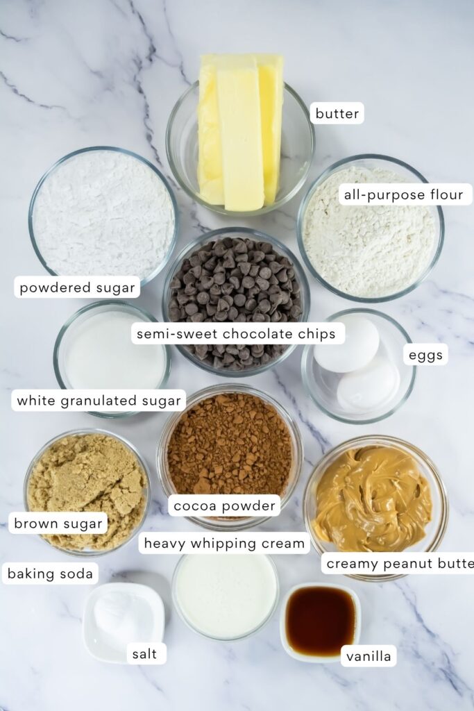 Overhead view of labeled baking ingredients including butter, flour, chocolate chips, powdered and brown sugar, eggs, cocoa powder, cream, peanut butter, vanilla, baking soda, and salt on a marble surface.