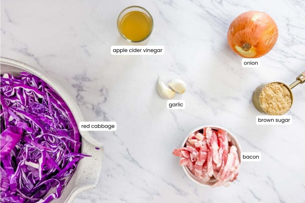 Overhead view of ingredients on a marble surface: shredded red cabbage, apple cider vinegar, garlic cloves, onion, brown sugar, and sliced bacon.