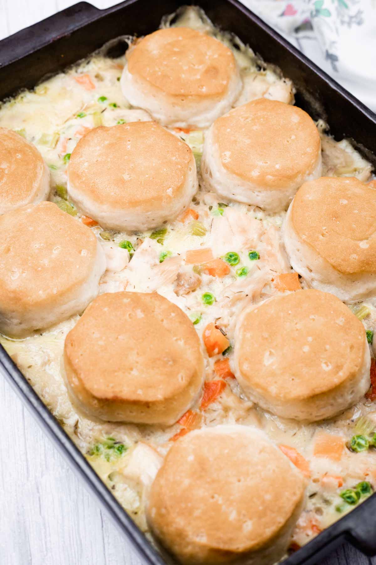 A baking dish filled with creamy chicken and vegetable casserole, topped with eight evenly spaced golden biscuits.