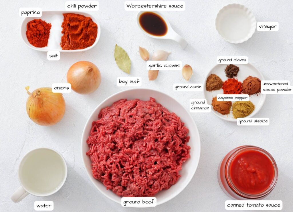 A flat lay of chili ingredients including ground beef, onions, spices, Worcestershire sauce, vinegar, water, and canned tomato sauce, each labeled on a white surface.