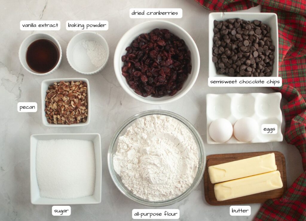 Top-down view of baking ingredients in bowls: flour, sugar, chopped pecans, chocolate chips, dried cranberries, vanilla extract, baking powder, eggs, and butter on a white surface with plaid cloth.