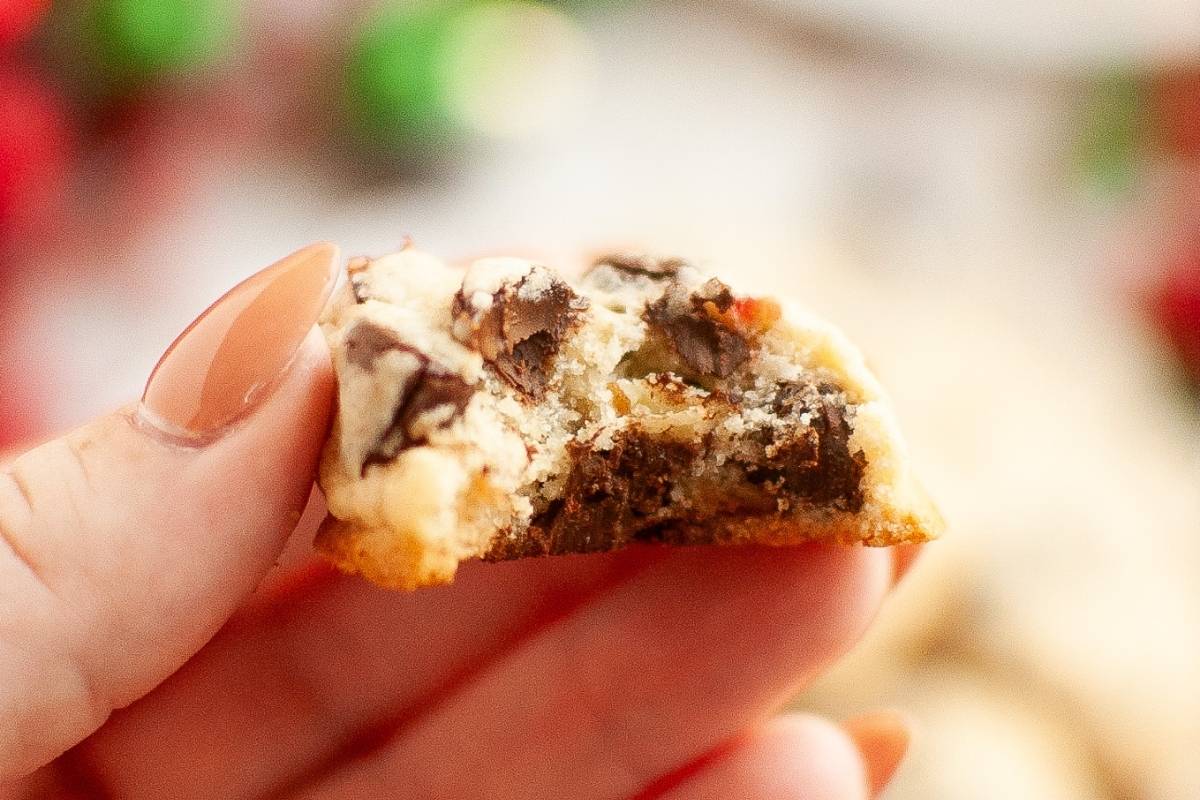 A hand holding a partially eaten Cranberry chocolate chip cookie in focus, with a blurred background.