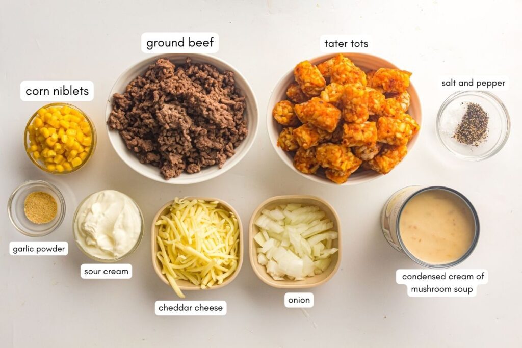 Ingredients for a casserole are arranged in bowls: ground beef, tater tots, corn, garlic powder, sour cream, cheddar cheese, onion, salt and pepper, and condensed cream of mushroom soup.