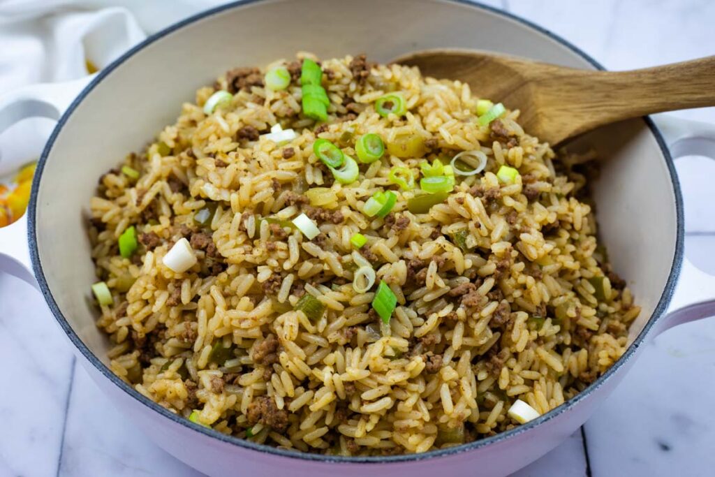 A bowl of rice with meat and green onions.