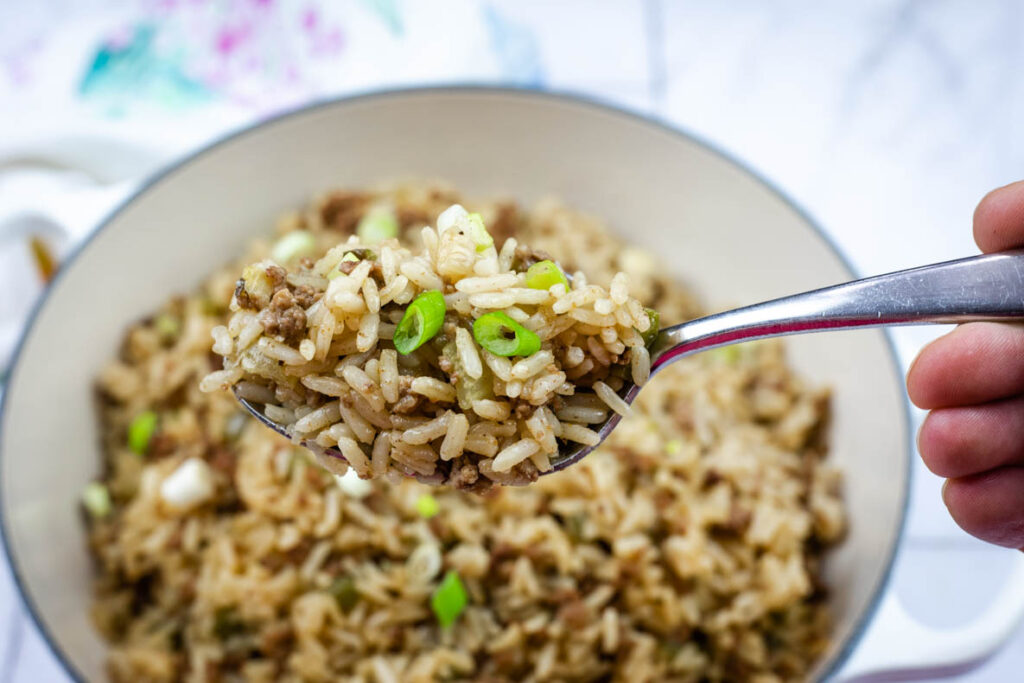A hand holds a spoonful of cooked rice with ground meat and chopped green onions above a bowl of the same dish.