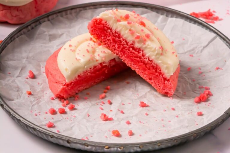 A Crumbl Copycat Pink Velvet Cookies is cut in half and displayed on a round metal tray lined with crinkled parchment paper.