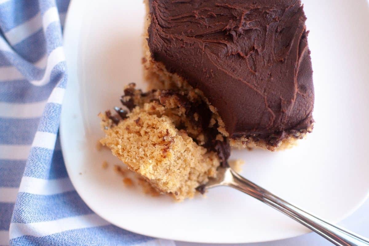 A close-up of a graham cracker cake with a chocolate frosting layer on top, placed on a white plate.