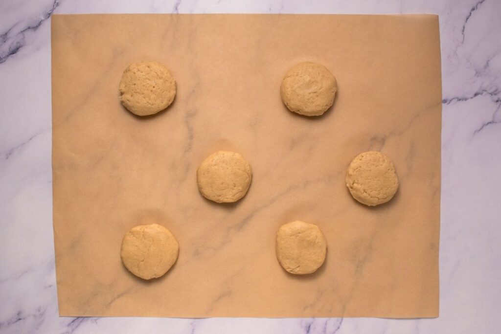 Six unbaked cookie dough balls are evenly spaced on a sheet of parchment paper, placed on a marble countertop.