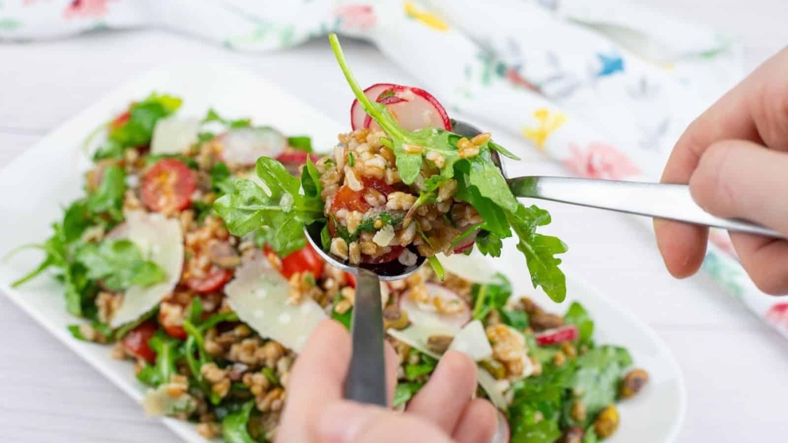 A close-up of a hand holding a spoonful of Copycat Charlie Bird&rsquo;s Farro Salad over a plate of the same salad.