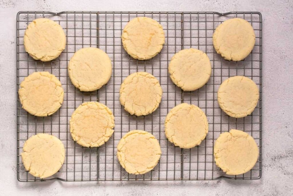 A cooling rack holds fifteen round, plain sugar cookies arranged in rows on a light textured surface.