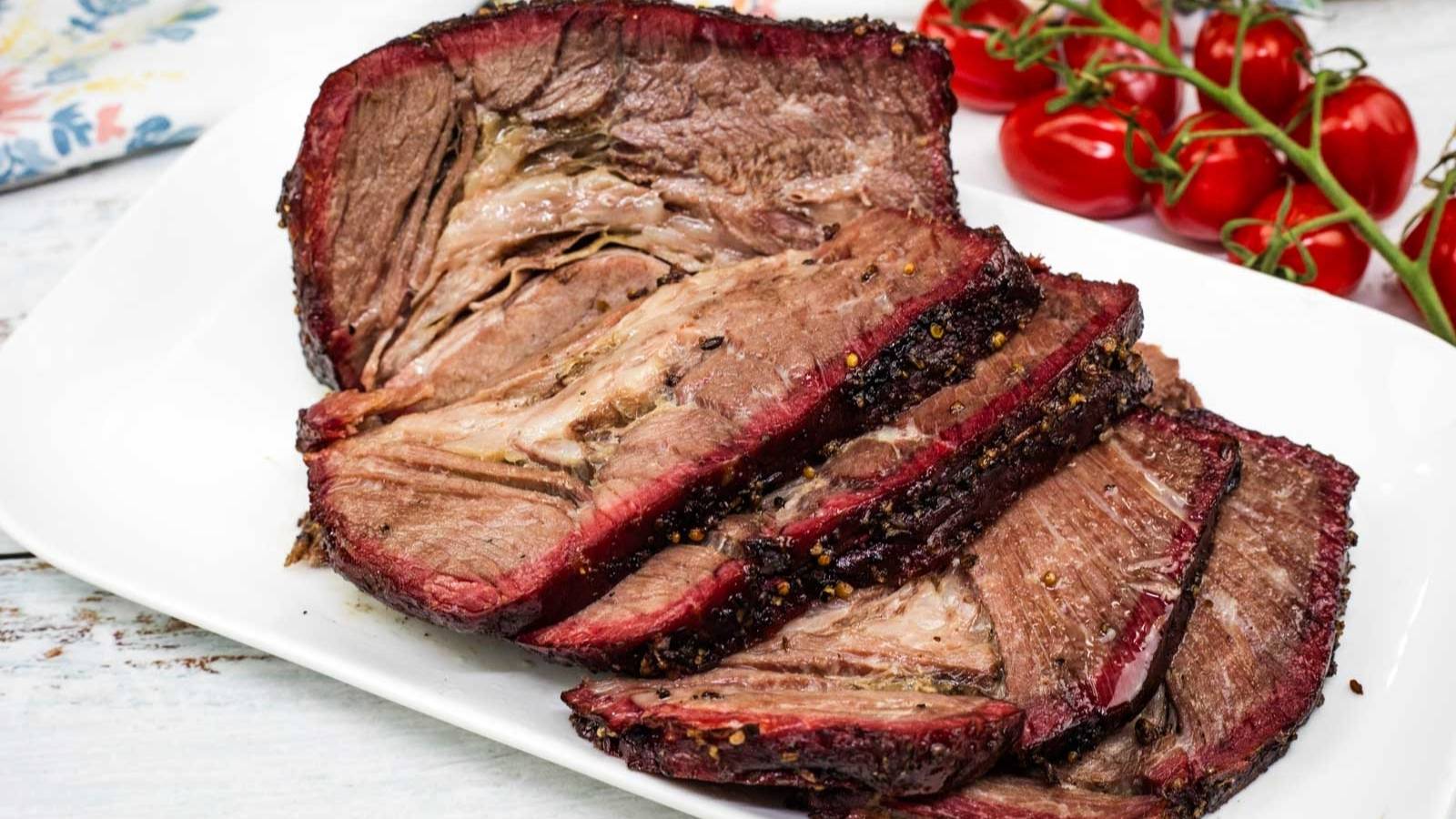 Sliced smoked chuck roast arranged on a white plate, showing a pink smoke ring and seasoned crust, with grape tomatoes in the background.